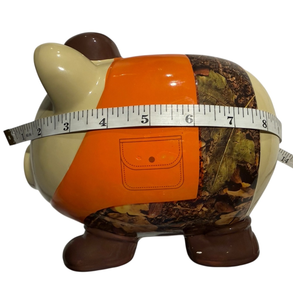 Large Piggy Bank with Mossy Oak Camo Hat and Orange and Camo Clothing. F.A.B. NY - Picture 10 of 13
